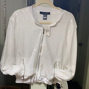 White sequin bomber jacket.